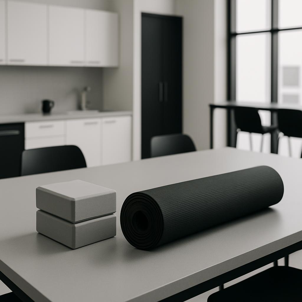 A zoomed-in image of a yoga mat rolled up on the dining table with a home office in the background.