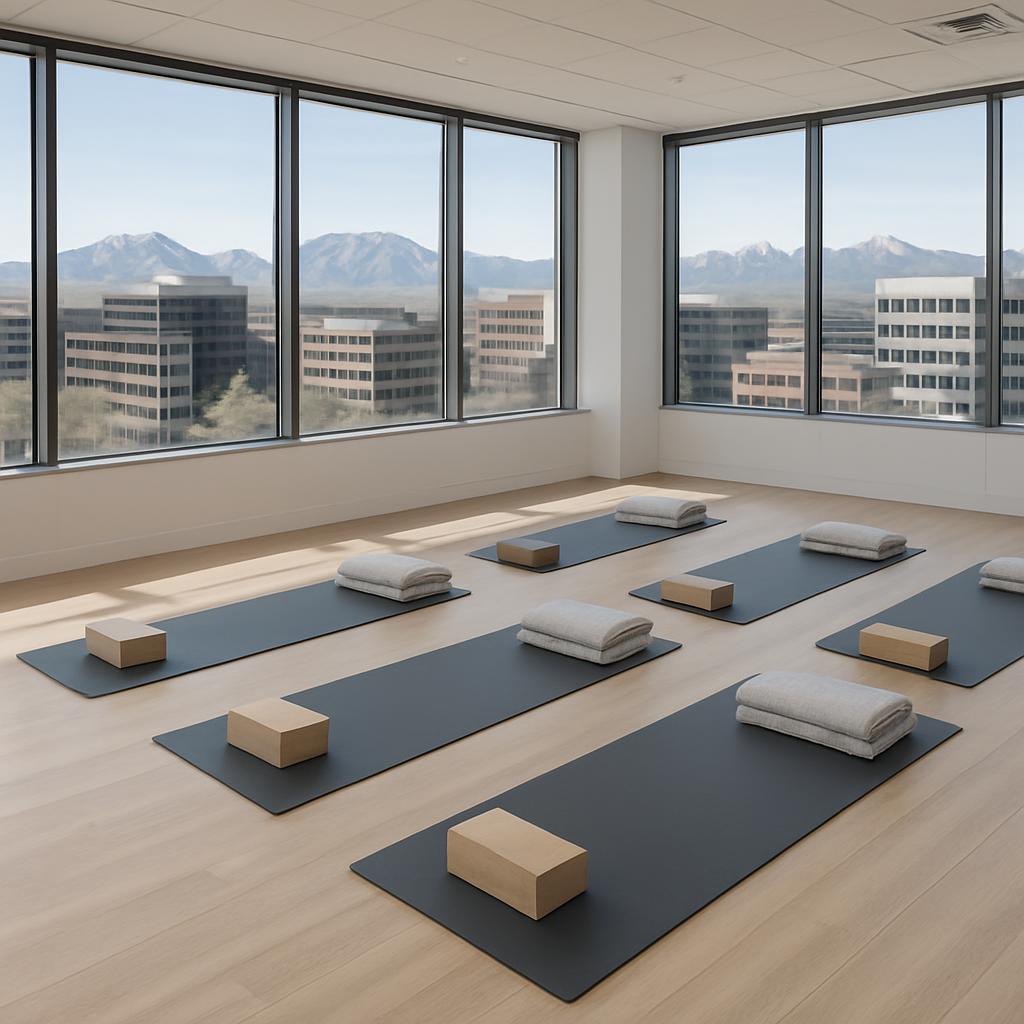 A large room with many windows and a view of buildings and mountains, filled with yoga mats and props.